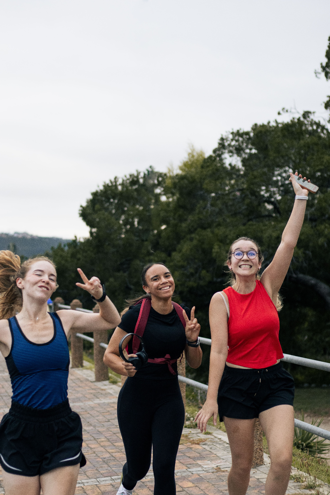 Friends smiling on a group walk